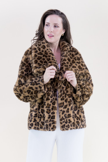 Front of the Wide Lapel Faux Fur Leopard Coat style FP60544-CM from Original USA