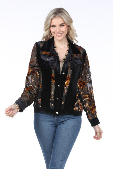Front of the Floral Burnout Mesh Jacket style VJ25323A from Shennel Trading in the color black