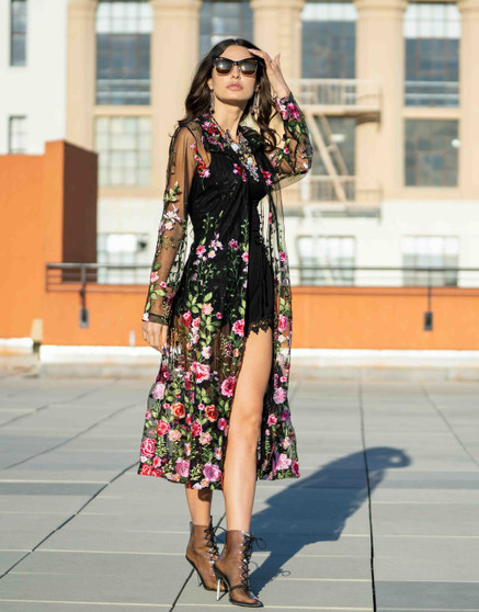 Front of the Mesh Floral Embroidered Duster style T417-B2 from Adore in the color black