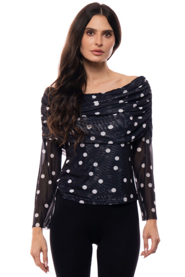 Front of the Draped Polka-Dot Mesh Top style A646-A from Adore in the color black