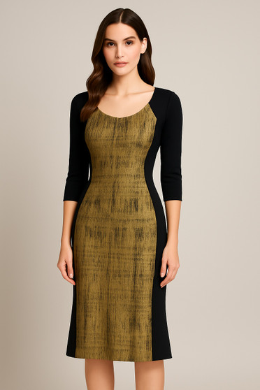 Front of the Metallic Contrast 3/4 Sleeve Dress style D12981D-1 from Eva Varro in the colors bronze and black