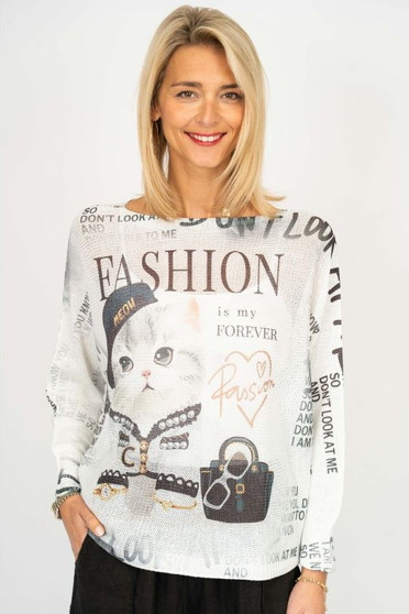 Front of the Fashion Cat Batwing Sweater style 0350 from Look Mode in the color white