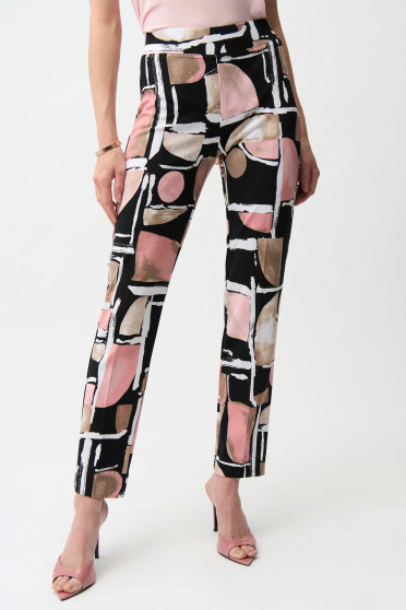 Front of the Silky Knit Abstract Print Straight Pull-On Pants style 261309 from Joseph Ribkoff in the black/multi print