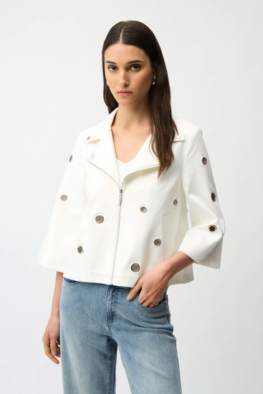Front of the Foiled Faux Suede Swing Jacket With Grommets style 261905 from Joseph Ribkoff in the color vanilla