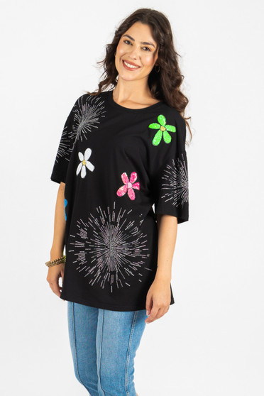 Front of the Sequin Flowers Tunic style 261861 from Funsport in the color black