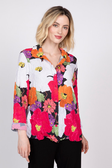 Front of the Floral Crimp Button-Up Top style 110130 from Olivia in the color azalea