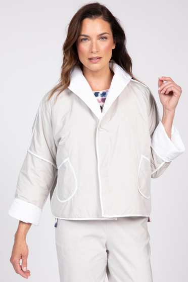 Front of the Reversible Shawl Jacket style 760654 from Olivia in the color sand