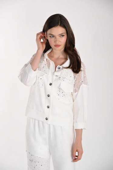 Front of the Sequin Mesh Knit Jacket style 261115 from Frank Lyman in the color off-white and silver