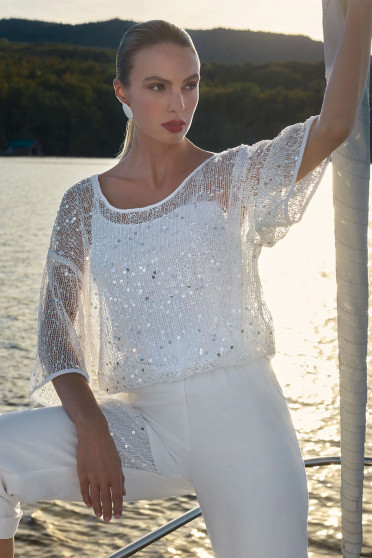 Front of the Sequins Mesh Puff Sleeve Top & Tank style 261116 from Frank Lyman in the colors off white and silver