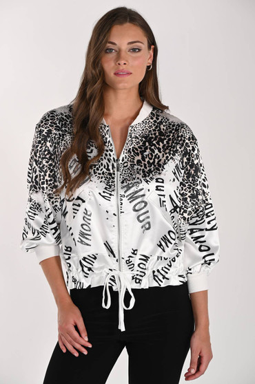 Front of the Bling Face Zip Jacket style 261657 from Frank Lyman in the off white/cheetah print