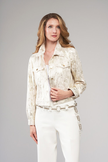 Front of the Cropped Embossed Printed Denim Jacket style BCJ2665HPR from Insight in the color Latte Metallic