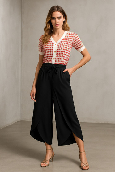 Front of the Split Front Cropped Pants style 261173 from Orly in the color black