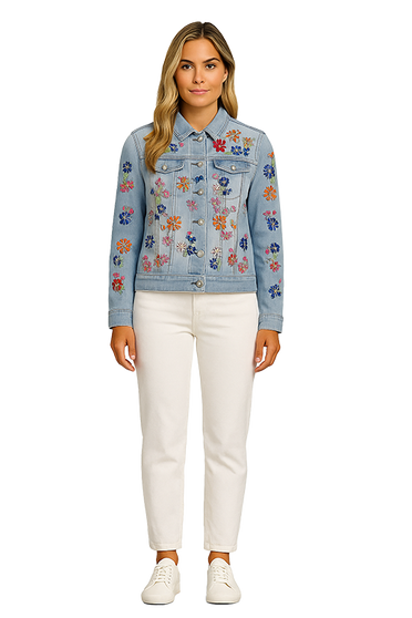 Front of the Floral Embroidery Denim Jacket style 261174 from Orly in the color multi
