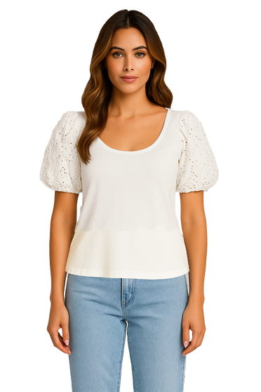 Front of the Eyelet Puff Sleeve Top style 261295 from Orly in the color white