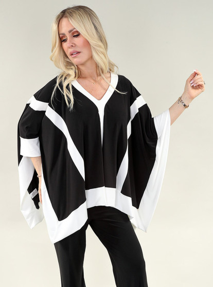 Front of the V-Neck Open Side Poncho style 111 from Michael Tyler in the colors black and ivory