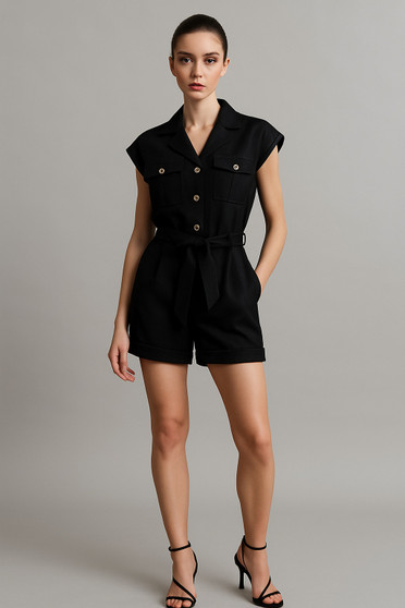 Front of the Cap Sleeve Short Jumpsuit style 304 from Michael Tyler in the color black