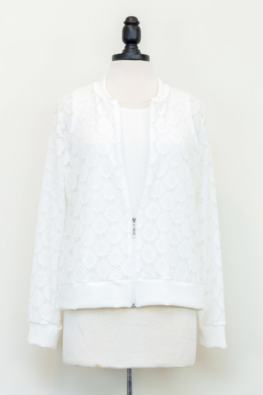 Front of the Zip-Up Mesh Dot Jacket style 462 from Vine Street in the color white