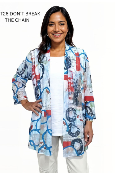 Front of the Chain Link Print Mesh Cardigan style ART26 from Creation in the multicolor print