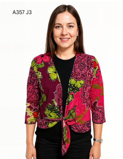 Front of the Abstract Floral Print Tie-Front Cardigan style A357-J3 from Creation in the multicolor print