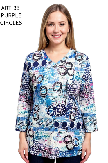 Front of the V-Neck Circles Print Top style ART-35 from Creation in the multicolor print