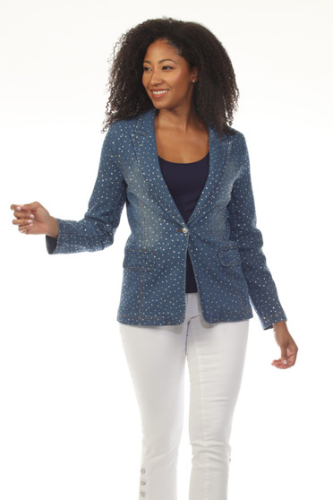 Front of the Denim Blazer with Stones style Z13356 from AZI Jeans in the color denim