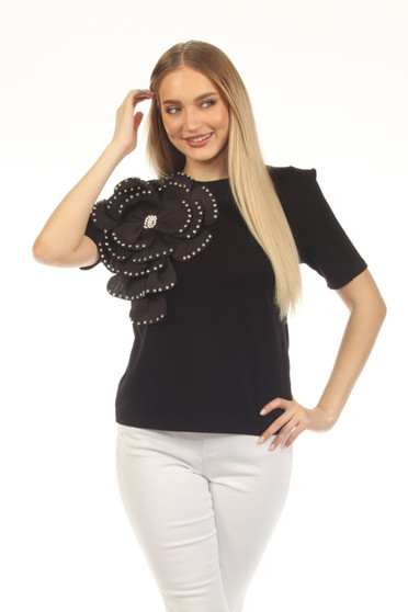 Front of the CoCo Bling Flower Top style Z13386 from AZI Jeans in the color black
