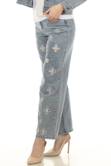 Front of the Laser Cut Floral Jeans style Z13405 from AZI Jeans in the color denim