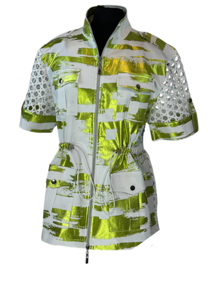 Front of the Foil Brush Jacket With Circle Lace style P743447 from Berek in the colors white and kiwi