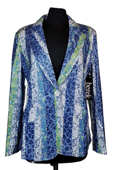 Front of the Uptown Sequins Leopard Blazer style P777447 from Berek in the multi/blue print