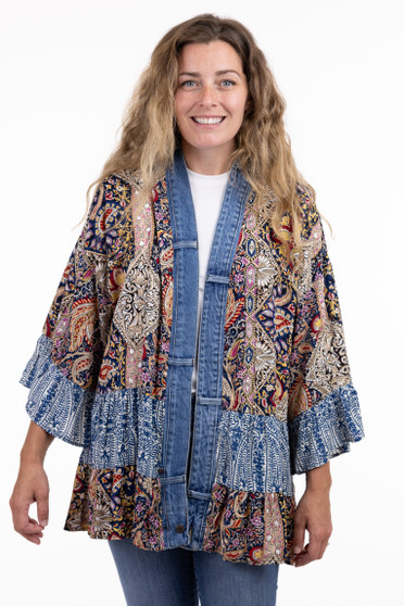 Front of the Denim Trim Band Kimono style 5677 from Shannon Passero in the blue paisley print