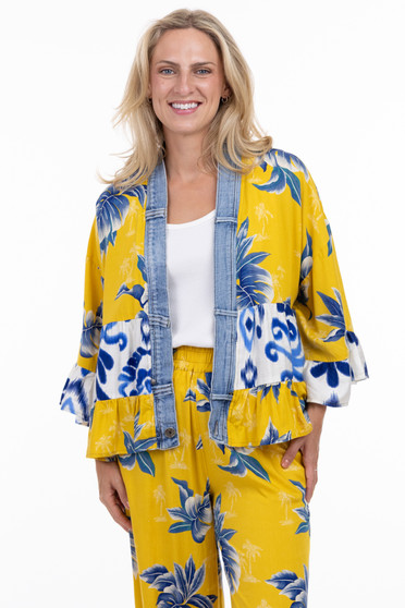 Front of the Tiffany Denim Trim Cardigan style 5474 from Shannon Passero in the yellow palm print