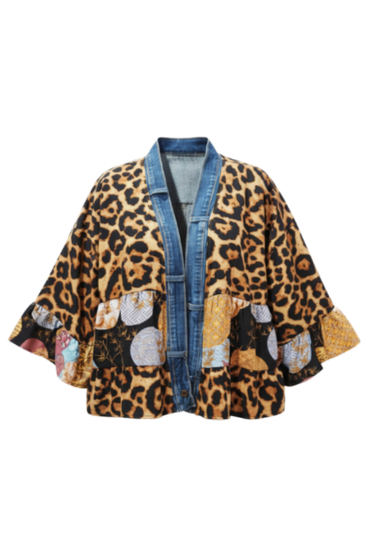 Front of the Tiffany Denim Trim Cardigan style 5474 from Shannon Passero in the animal print