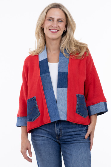 Front of the Denim Trim Amour Cardigan style 5842 from Shannon Passero in the color lipstick