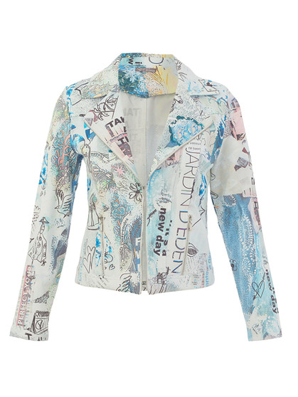 Front of the Collage 46 Cropped Moto Jacket style 26735 from Dolcezza in the multicolor print