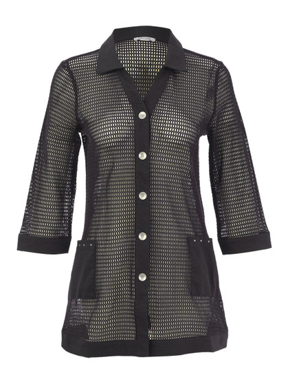 Front of the Mesh Net Cardigan style 26172 from Dolcezza in the color black