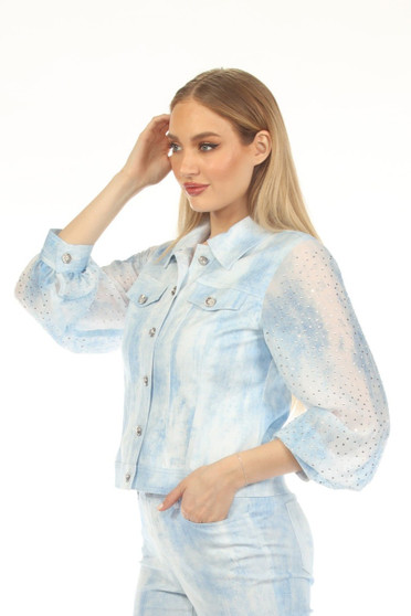 Side of the Tie Dye Rhinestone Jacket style Z13420 from AZI Jeans in the colors blue and white
