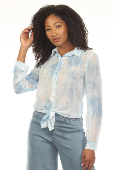 Front of the Tie-Dye Rhinestone Top style Z13422 from AZI Jeans in the colors blue and white