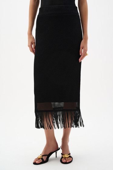 Front of the Pull-On Skirt With Fringe Trim style 262929 from Joseph Ribkoff in the color black