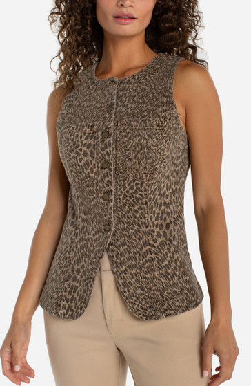 Front of the Animal Print Split Front Vest style LM8L08QE8P72 from Liverpool in the khaki/animal print
