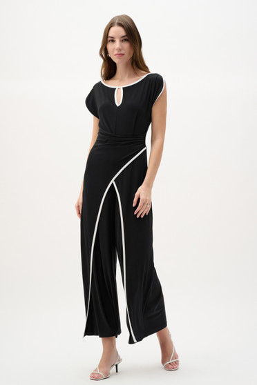 Front of the Silky Knit Culotte Jumpsuit With Draped Bodice style 262092 from Joseph Ribkoff in the color black and vanilla