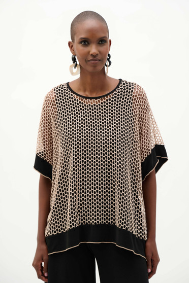 Front of the Silky Knit And Mesh Trapeze Top With Contrast Cuffs style 262160 from Joseph Ribkoff in the colors black and beige