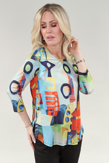 Front of the Multi Geo Print 3/4 Sleeve Top style 282 from Michael Tyler in the multicolor print