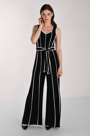 Front of the Contrast Piping Belted Jumpsuit style 261005 from Frank Lyman in the colors black and off white