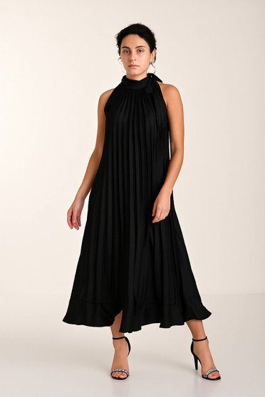 Front of the Long Pleated Midi Dress style 268260 from Frank Lyman in the color black