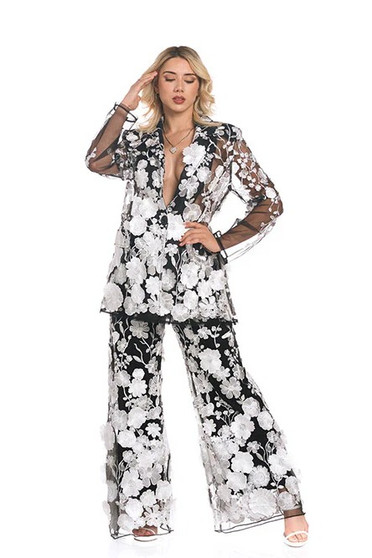 Front of the 3D Floral Couture Palazzo Pants style FLC-007 from Kokomo in the colors black and white