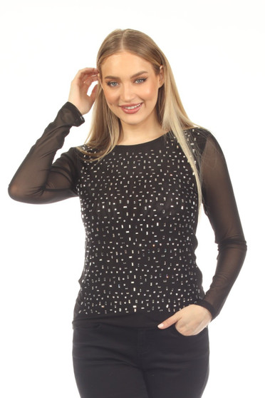 Front of the Blingy Mesh Long Sleeve Top style Z13381 from AZI Jeans in the color black
