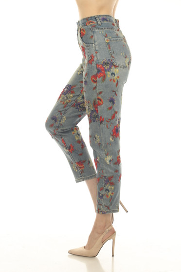 Side of the Beaded Floral Print Ankle Jeans style Z13488 from AZI Jeans in the color denim