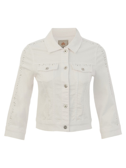 Front of the Blingy Cropped Denim Jacket style 26210 from Dolcezza in the color white
