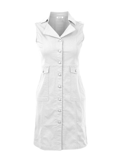 Front of the Bling Denim Button-Up Dress style 26211 from Dolcezza in the color white