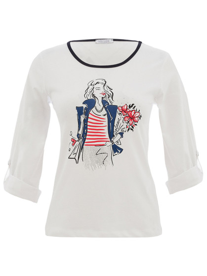 Front of the Blingy Bouquet 3/4 Sleeve Top style 26100 from Dolcezza in the color white